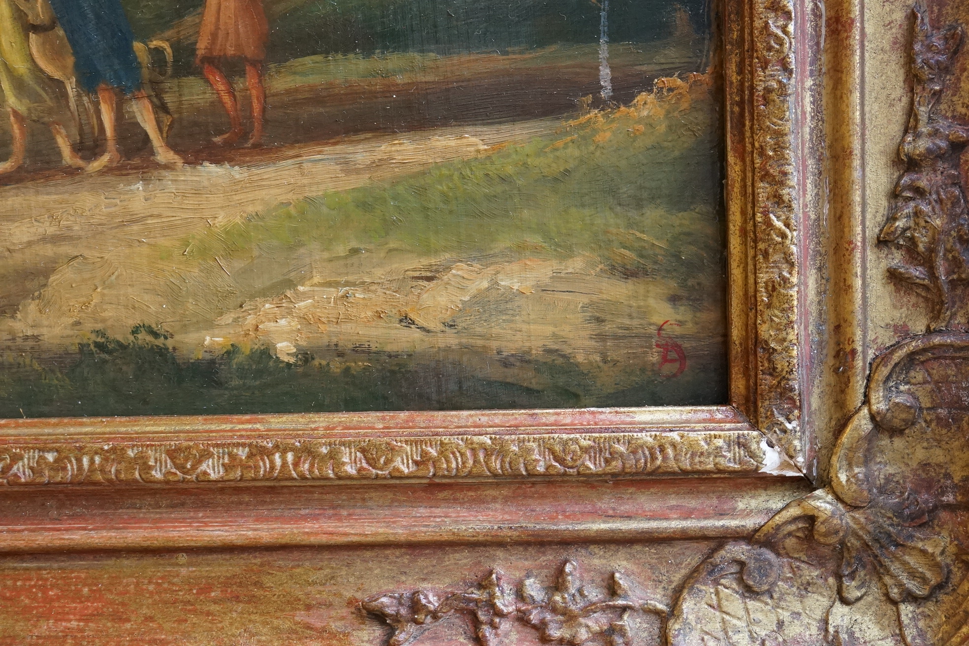 18th century style, Riverscape with cattle and figures, oil on board, 48 x 70cm, ornate frame